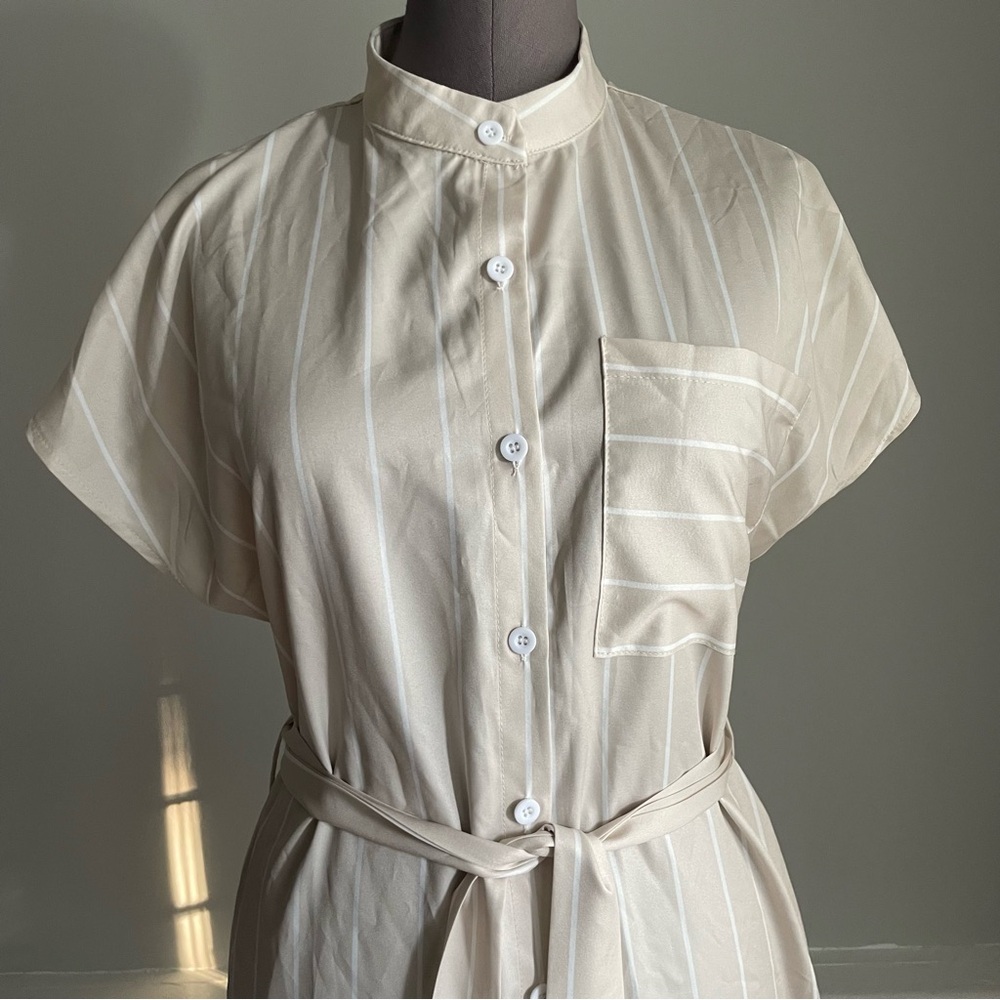 SHEIN Cream and white striped Midi Shirt Dress size small